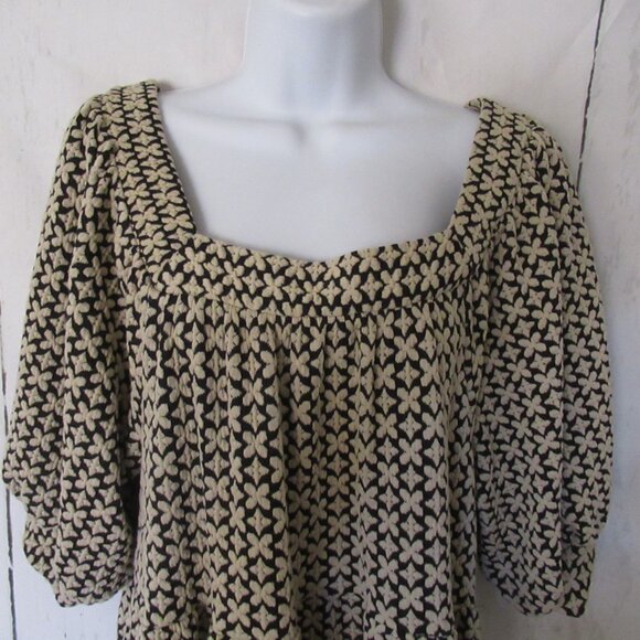 Baltic Born Dress S Small Black Cream Floral Embossed Puff Sleeve Tiered Midi - Picture 2 of 7